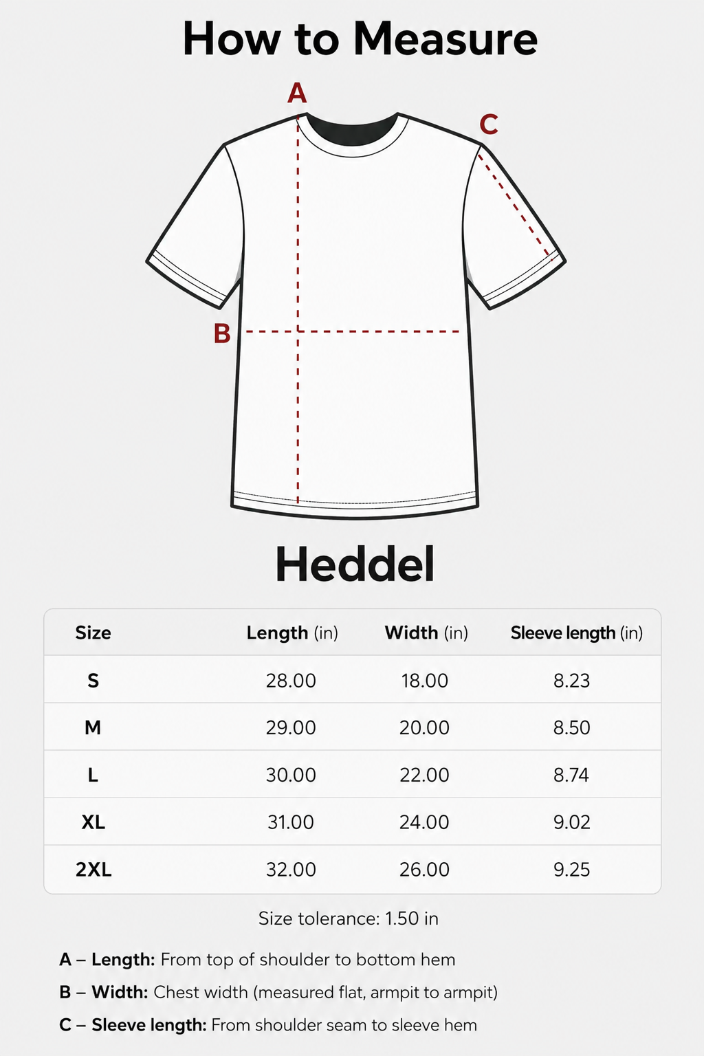 HEDDEL T-shirt size guide showing length, width and sleeve measurements for sizes S to 2XL